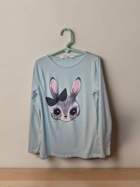 H&M Light Blue Bunny Face Long-Sleeve Tee